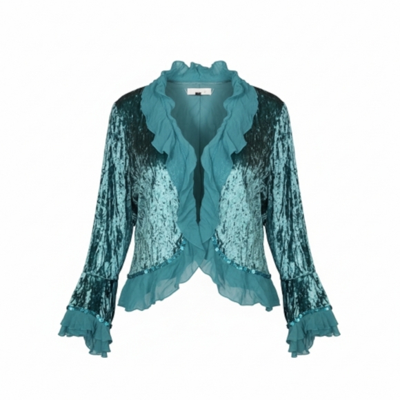 EUC Cover Charge L Vintage Y2K Teal Crushed Velvet Ruffle Shrug Bolero Top! - Picture 4 of 14